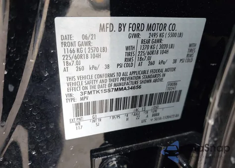 2021 Ford Mustang Mach-E Select z USA, uszkodzony, nr VIN 3FMTK1SS7MMA34656